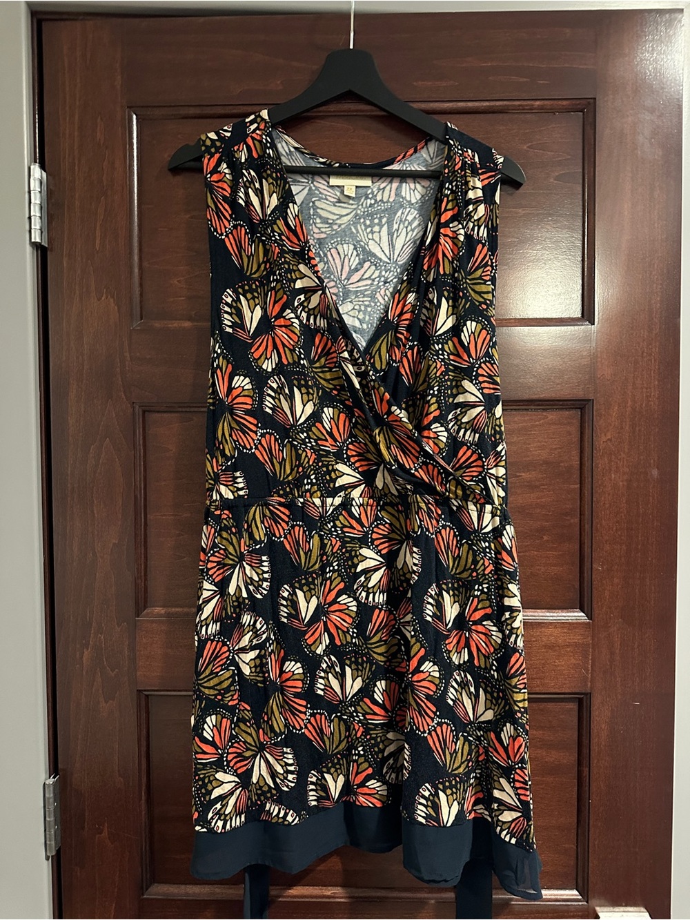 Modcloth Navy Sleeveless Tunic with Orange, Cream, and Olive Butterfly Print